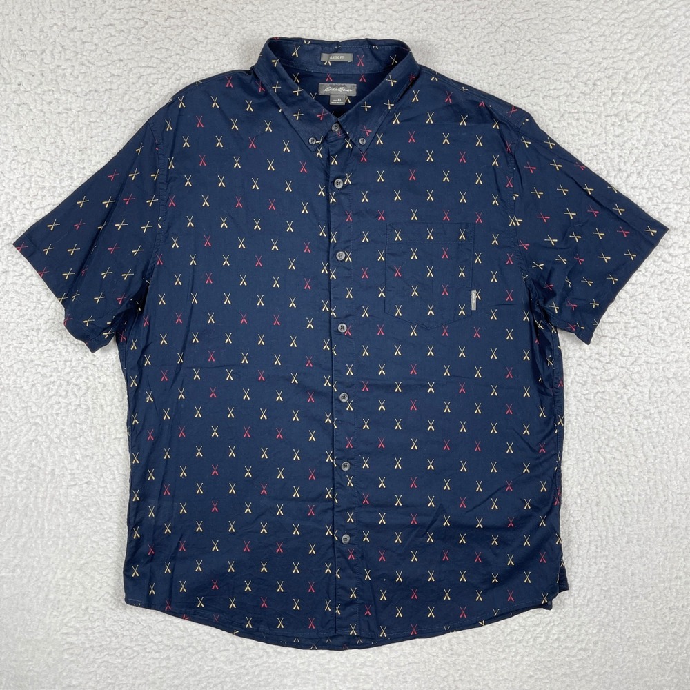 Eddie Bauer Button Down Shirt Mens XL Navy Oar Print Short Sleeve Nautical